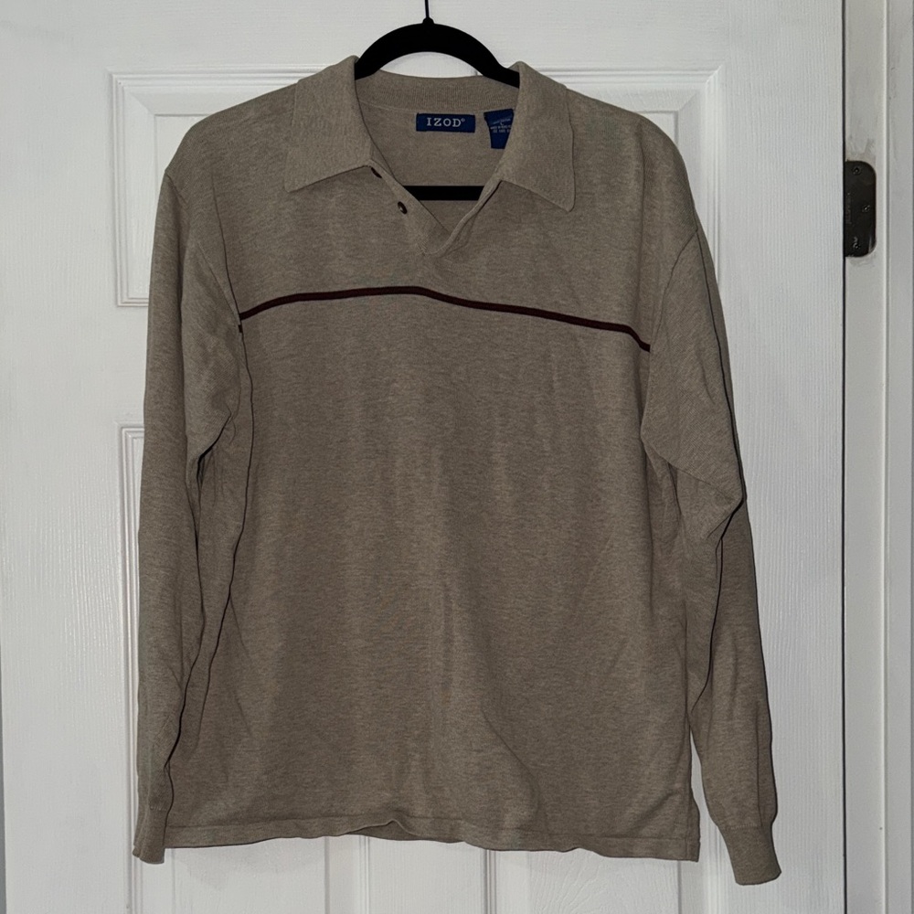 Izod Tan Long Sleeve Polo with Stripe